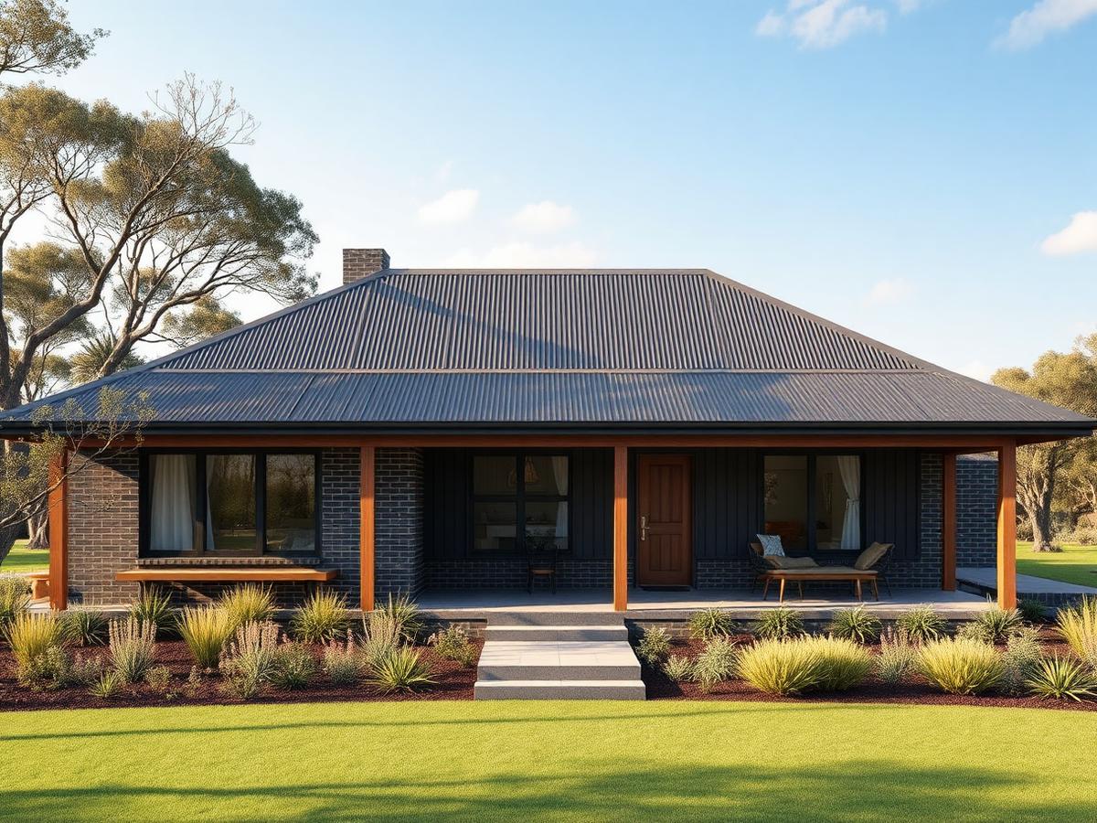 The Ridge modern Australian acreage home with charcoal brick and timber facade and wide verandah