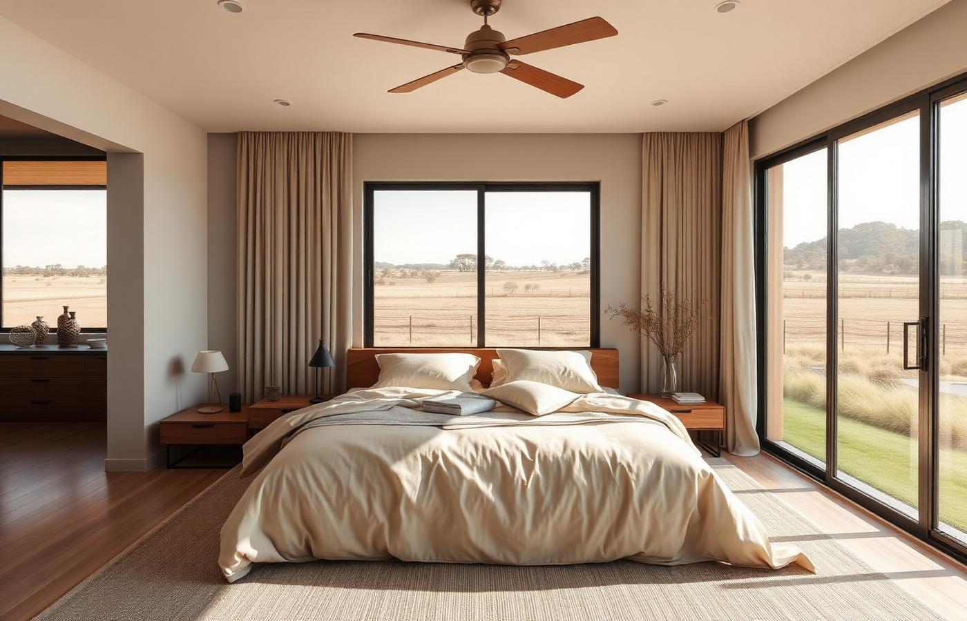 Master bedroom in The Willow with large windows overlooking paddocks