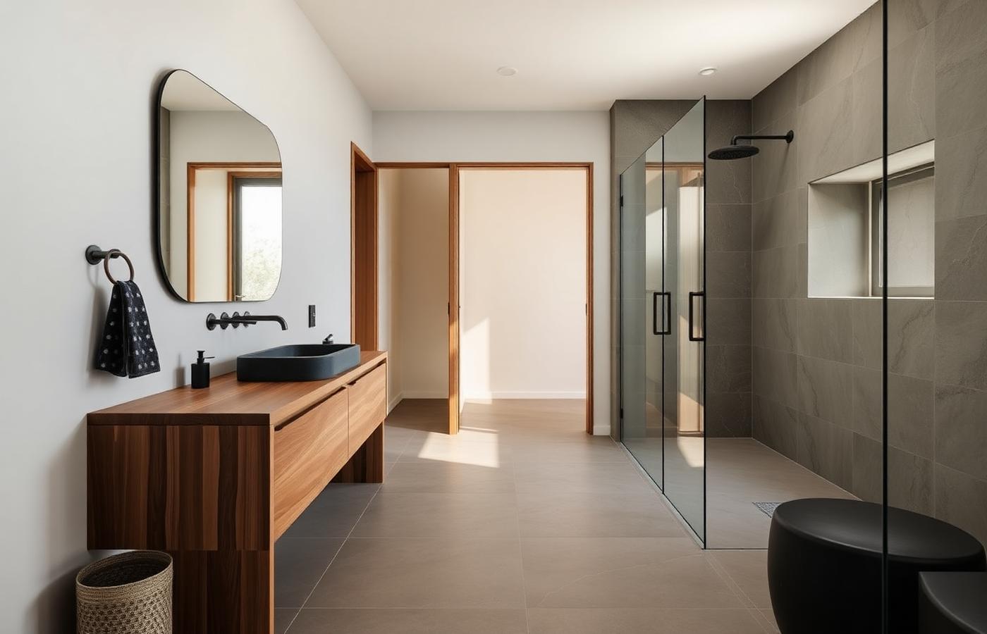 Ensuite in The Willow with oak vanity, stone basin and walk-in shower