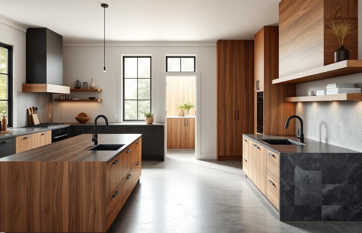 Modern country kitchen with timber island bench and stone benchtops in a Kelpie Homes design