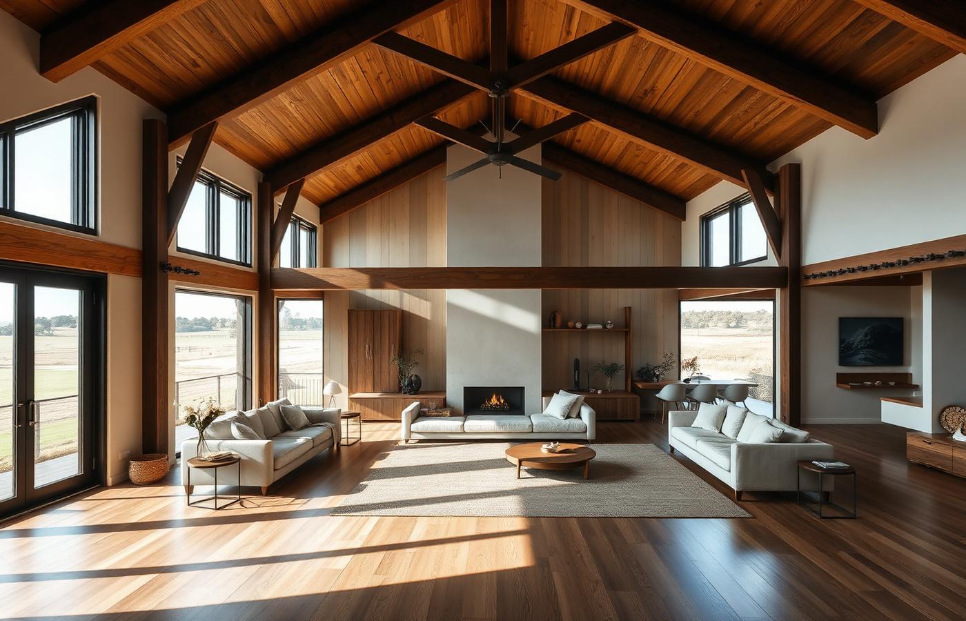 Open plan living area with raked timber ceiling and rural outlook in a Kelpie Homes acreage home