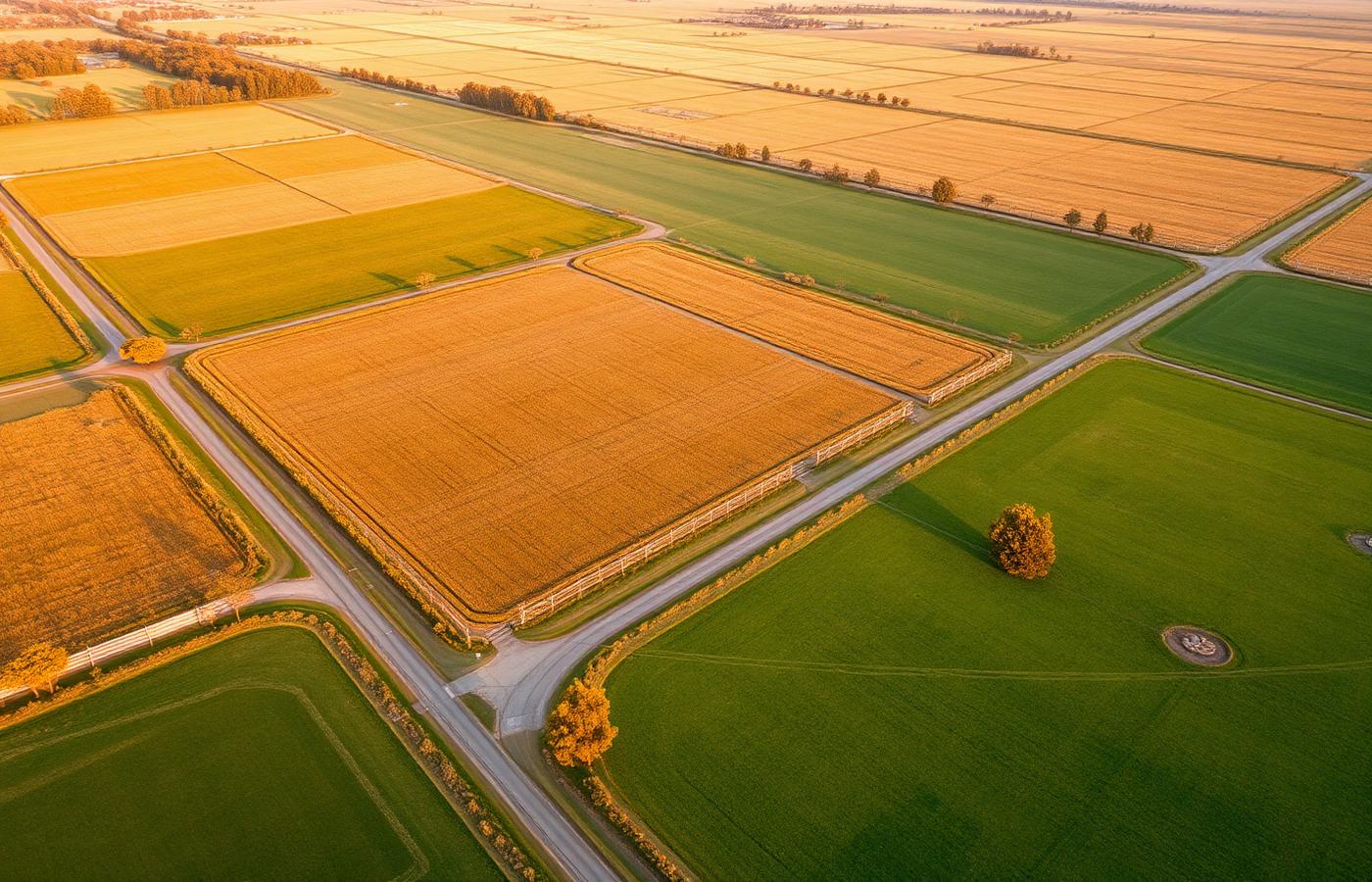 Aerial view of large acreage lifestyle land blocks at golden hour