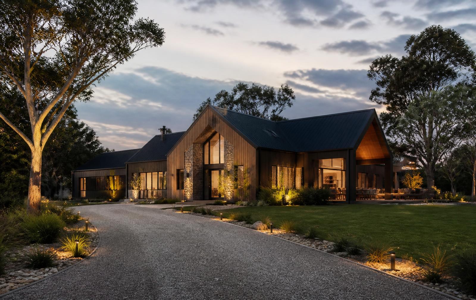 The Willow barn-style acreage home at dusk with long driveway, mature trees and landscaped lifestyle block
